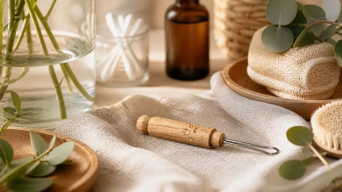 Salle de bain naturelle avec cure oreille réutilisable, linge, flacon ambré et accessoires durables pour illustrer une alternative écologique au coton-tige
