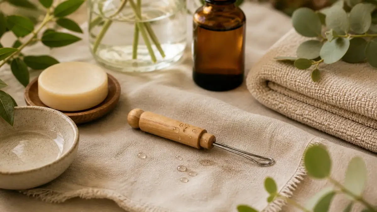 Cure oreille réutilisable posé sur un linge naturel avec coupelle d’eau, savon et flacon ambré pour illustrer son entretien