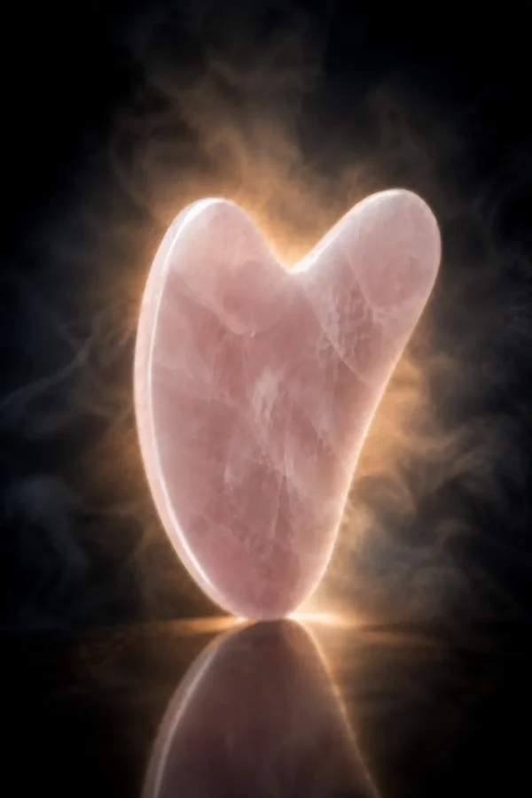 Gua sha en quartz rose – halo lumineux Gua sha en quartz rose sur fond noir avec halo lumineux doux