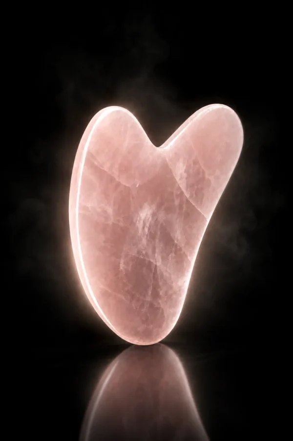 Gua sha en quartz rose sur fond sombre avec halo lumineux doré