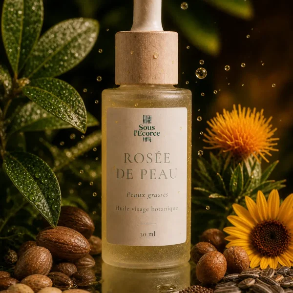 Huile visage peaux grasses Rosée de Peau – légèreté et pureté Huile visage naturelle peaux grasses Rosée de Peau avec feuillage, graines et fleurs jaunes dans une ambiance naturelle et apaisante