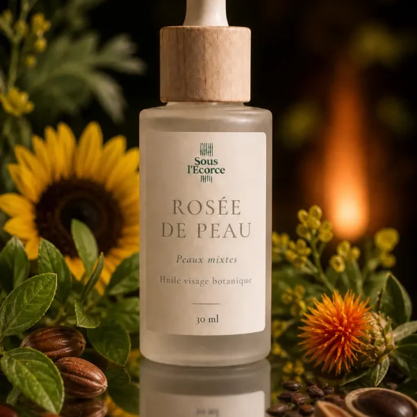 huile visage naturelle peaux mixtes Rosée de Peau avec flacon compte-gouttes, feuillage, petites fleurs blanches et ambiance botanique douce
