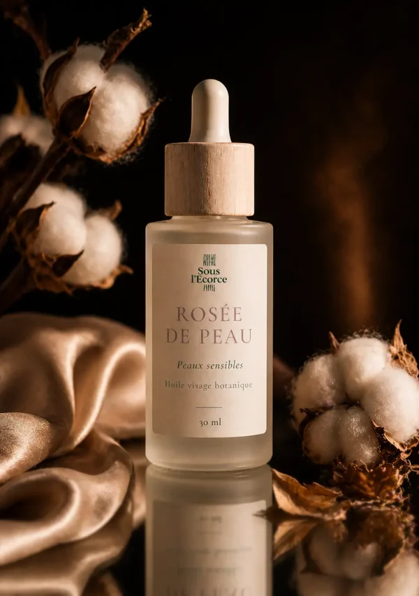 Huile visage naturelle pour peaux sensibles Rosée de Peau avec fleurs de coton et tissu satiné