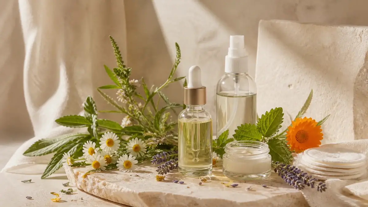 Huiles végétales pour peau mixte avec sérum léger, hydrolat, crème naturelle et plantes équilibrantes