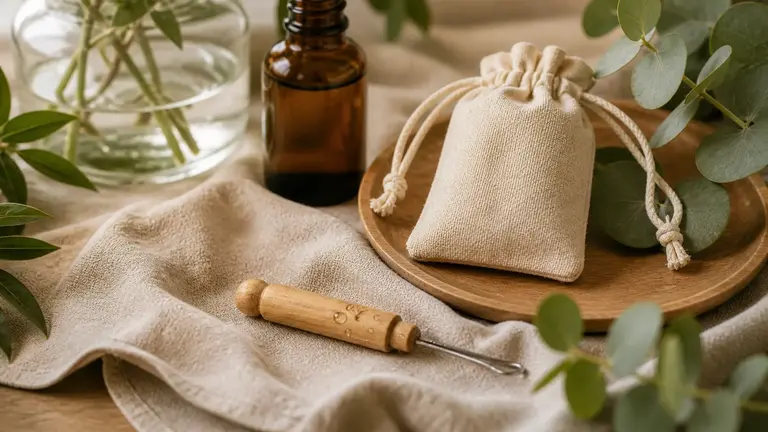 Bonnes pratiques pour l'hygiène des oreilles avec cure oreille réutilisable, pochette en tissu, flacon ambré et végétaux