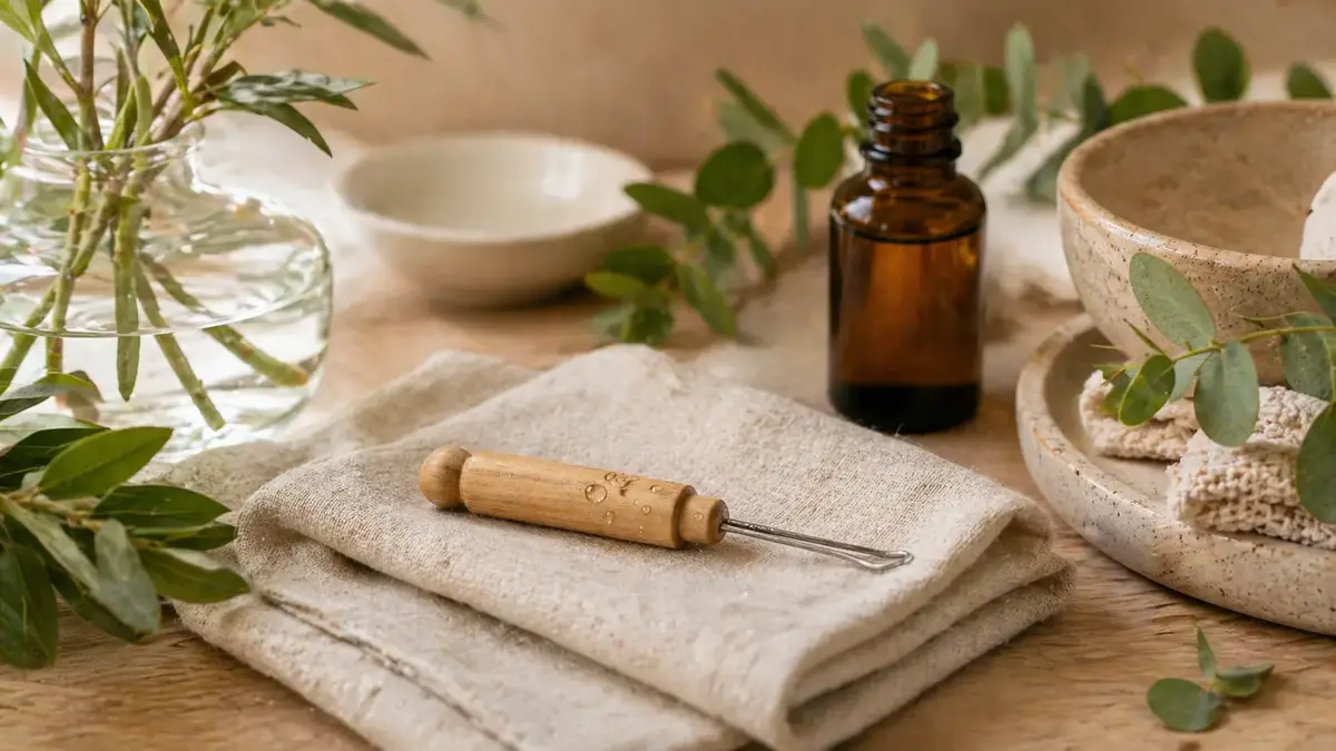 Cure oreille réutilisable dans une salle de bain naturelle avec linge beige, flacon ambré, céramique et végétaux