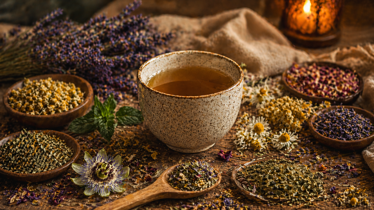 Infusion sommeil aux plantes naturelles dans une ambiance calme et chaleureuse avant le coucher