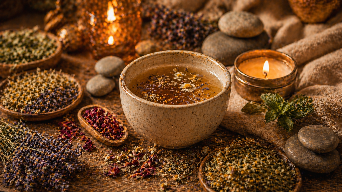 Infusion sommeil aux plantes naturelles avec bougie et pierres dans une ambiance spa chaleureuse
