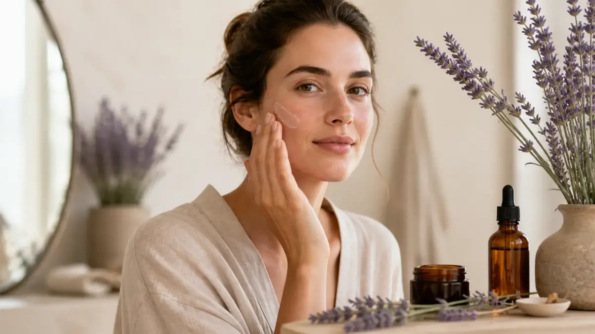 Femme appliquant un soin naturel à la lavande sur peau mixte avec imperfections dans une routine visage douce