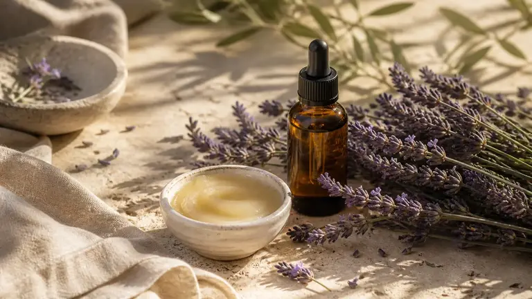 Lavande pour la peau avec flacon ambré et baume naturel dans une ambiance végétale douce pour équilibrer la peau