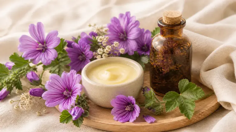 Mauve pour la peau sèche avec fleurs de mauve, baume naturel et macérât huileux dans une routine apaisante