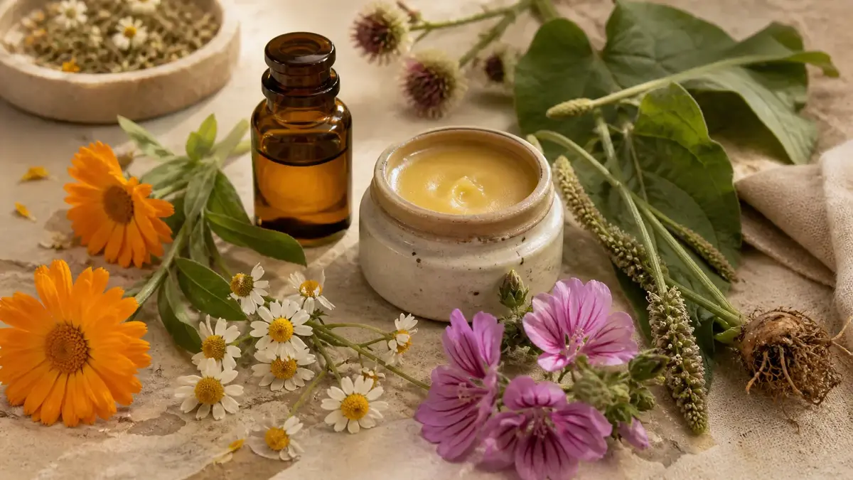 Plantes pour peaux sèches avec calendula, camomille, mauve, plantain, huile végétale et baume naturel