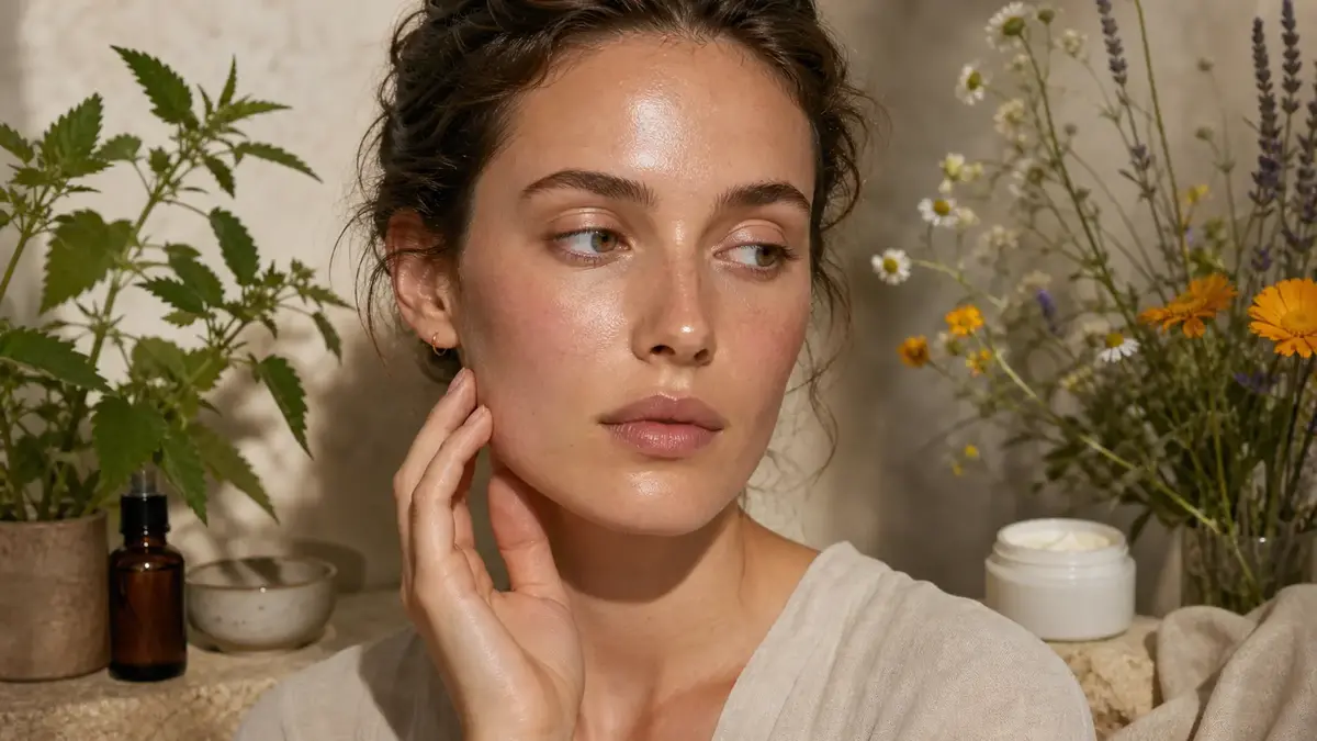 Visage peau mixte avec zones grasses et zones sèches illustrées dans une routine naturelle équilibrée