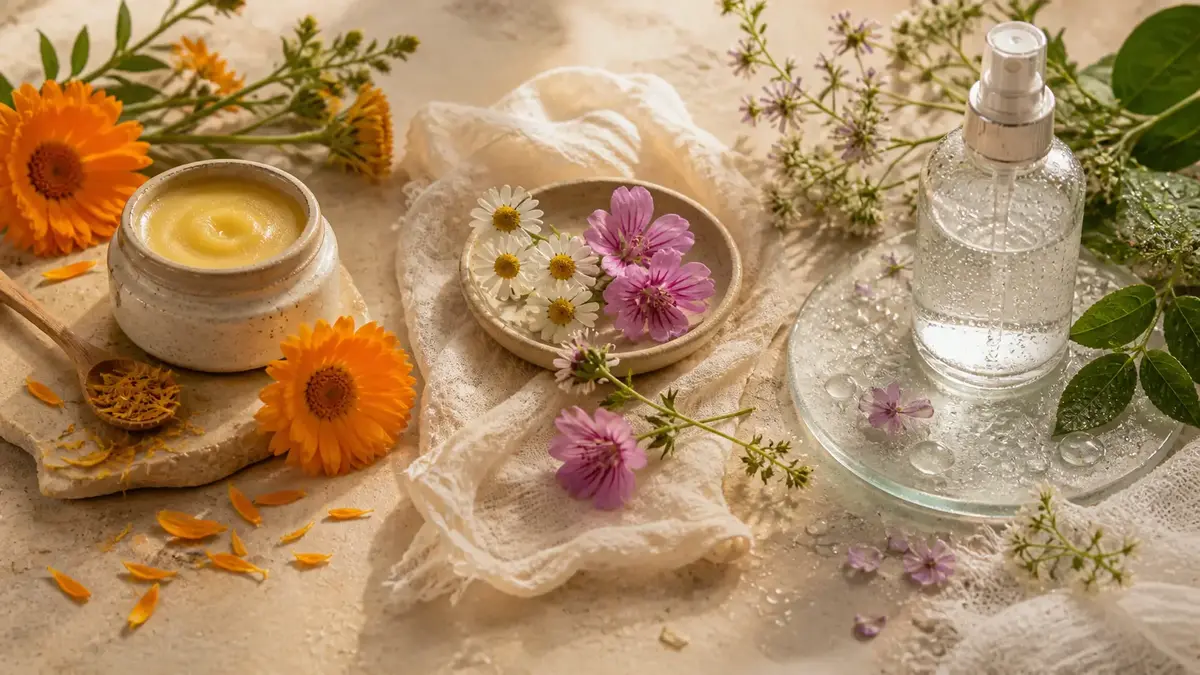Peau sèche, sensible ou déshydratée avec baume naturel, fleurs apaisantes et spray hydratant pour adapter sa routine de soin