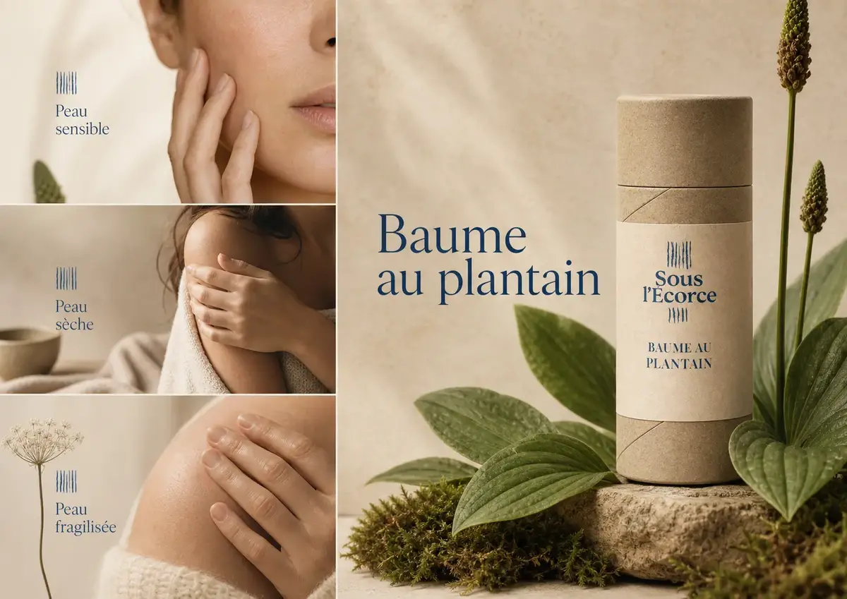 Plantain pour peau sensible, sèche ou fragilisée avec baume au plantain Sous l’Écorce présenté comme solution de soin naturel