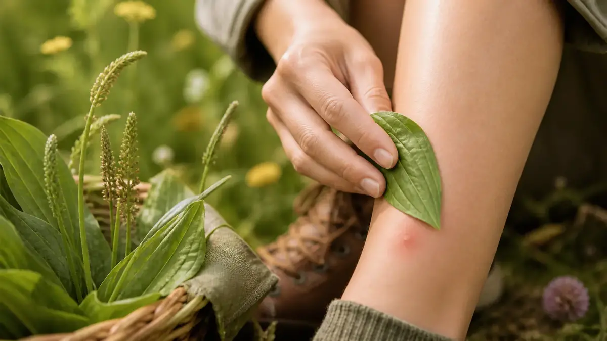Feuille de plantain appliquée sur une piqûre de moustique pendant une randonnée pour apaiser une irritation cutanée