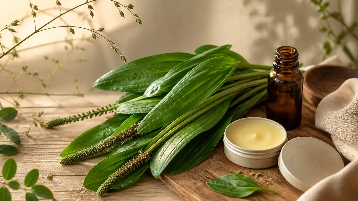 Plantain pour la peau avec feuilles de plantain lancéolé, baume naturel et flacon ambré dans une ambiance végétale premium