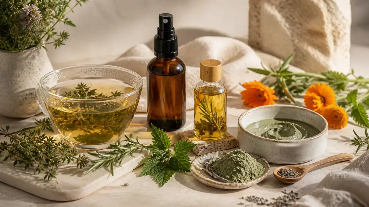 Bardane ortie thym romarin calendula pour acné naturel dans une routine peau plus nette