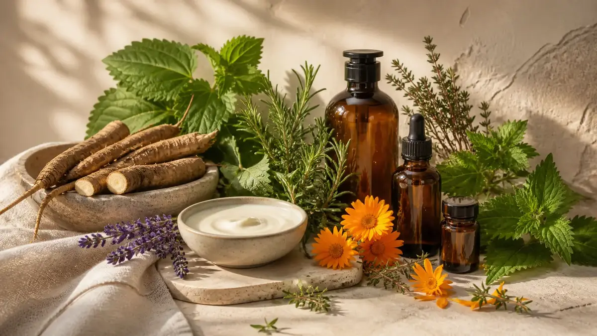 Plantes acné naturel avec bardane ortie thym romarin et calendula pour purifier la peau et limiter les imperfections
