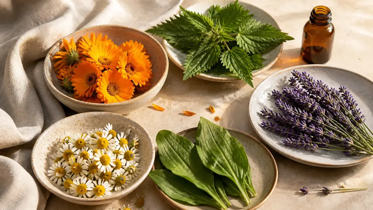 Calendula ortie lavande camomille et plantain pour peau mixte dans une routine naturelle équilibrante