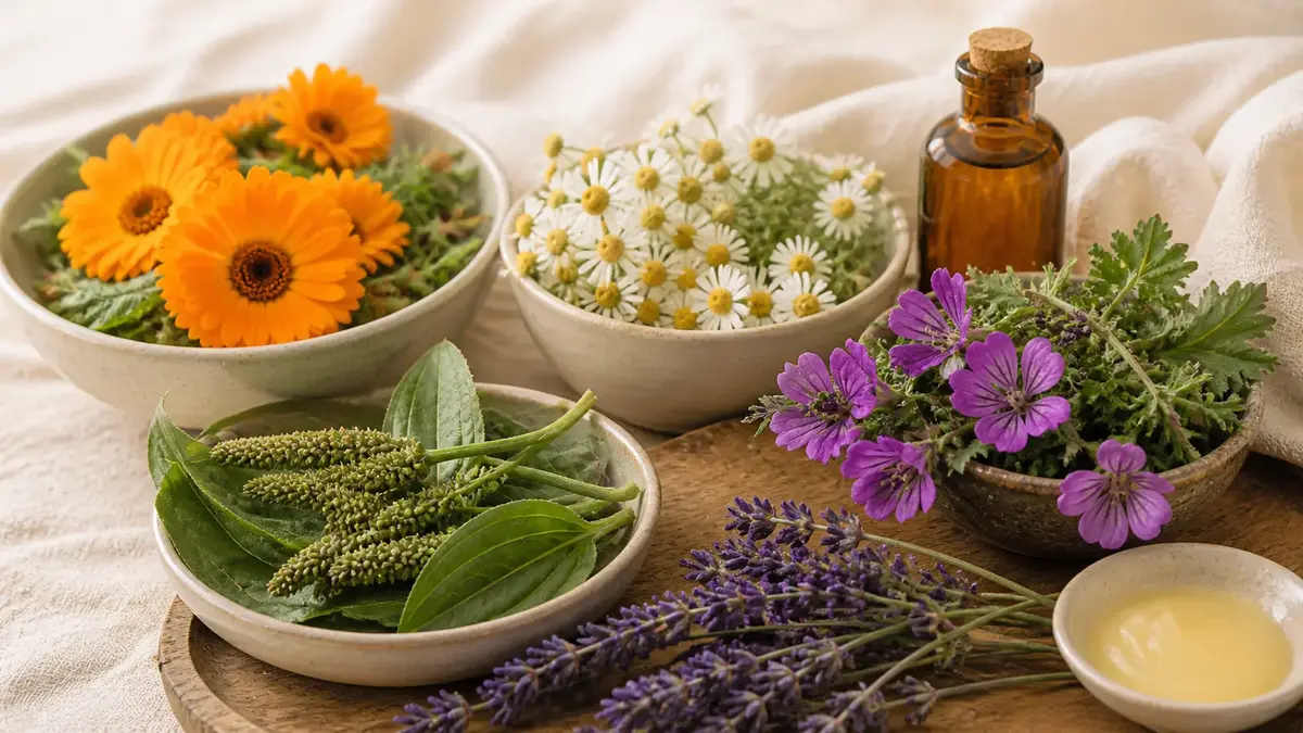 Plantes peau sensible avec calendula, camomille, mauve, plantain et lavande présentées dans une ambiance botanique naturelle