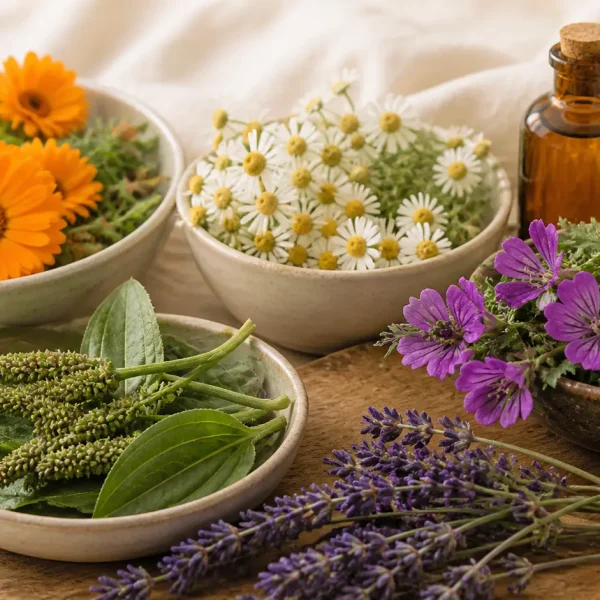 Plantes pour peau sensible avec calendula, camomille, mauve, plantain et lavande présentées dans une ambiance botanique naturelle