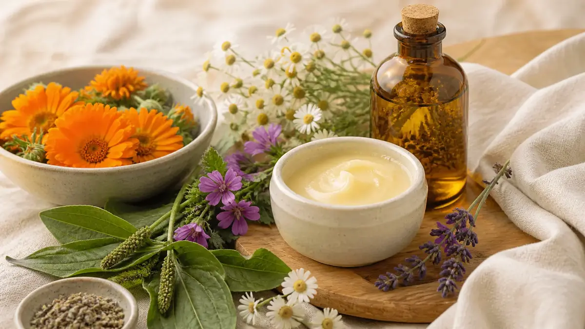 Plantes pour peau sensible : calendula, camomille, mauve, plantain et lavande pour une routine naturelle douce