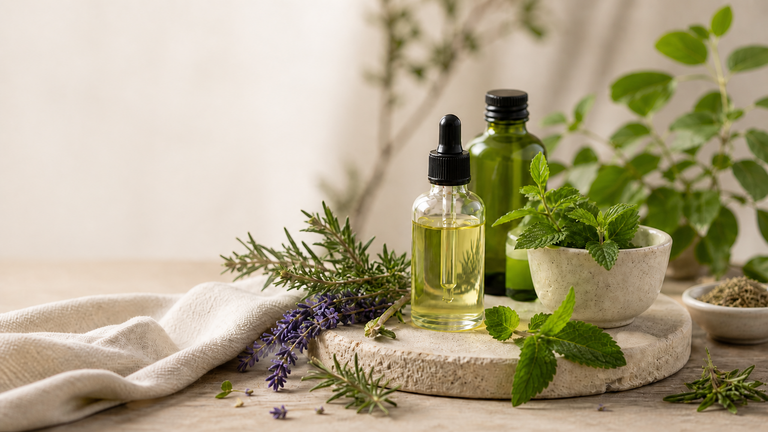 Plantes pour peaux grasses avec ortie, romarin, thym et lavande dans une routine naturelle pour réguler le sébum