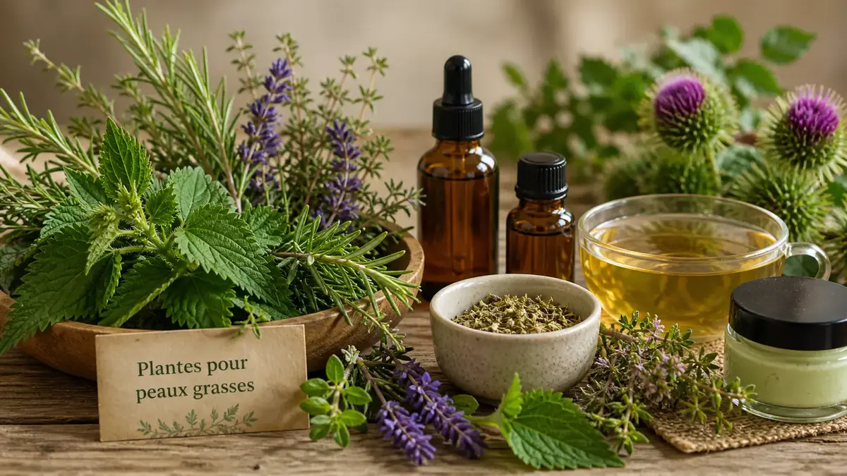 Plantes pour peaux grasses avec ortie, romarin, thym, lavande, infusion et soins naturels dans une ambiance herboristerie