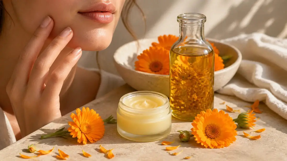 Calendula pour la peau avec fleurs de souci officinal, macérat huileux, baume naturel et visage dans une ambiance douce et lumineuse