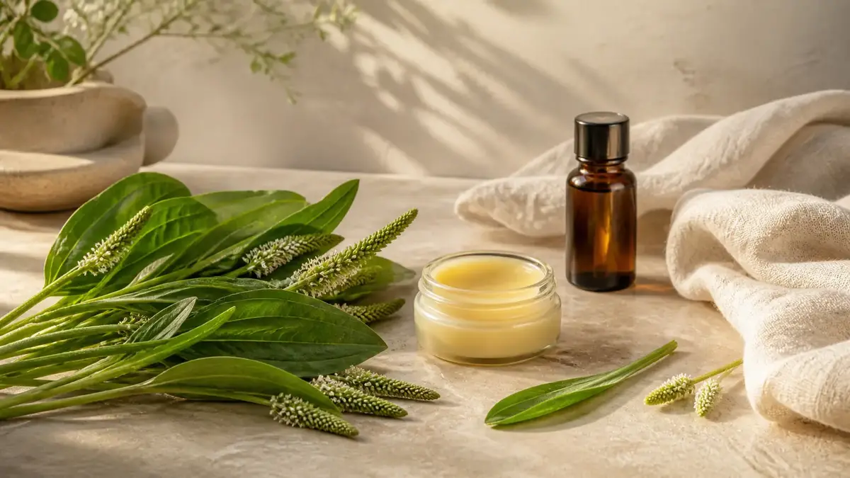 Plantain pour la peau avec feuilles de plantain lancéolé, baume naturel et flacon ambré pour une routine de soin végétale