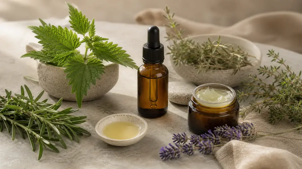 Soin naturel pour peau grasse avec plante, flacon ambré et texture légère pour accompagner l’excès de sébum