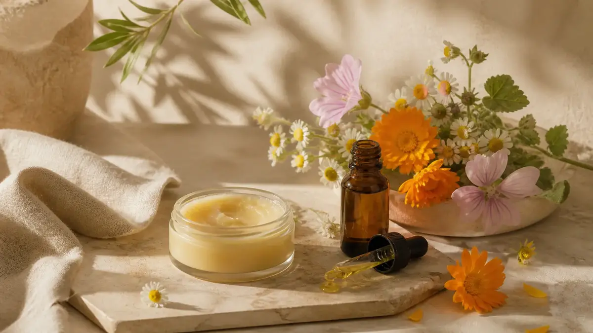 Plantes pour peaux sèches avec fleurs apaisantes, huile végétale et baume naturel pour accompagner le confort de la peau