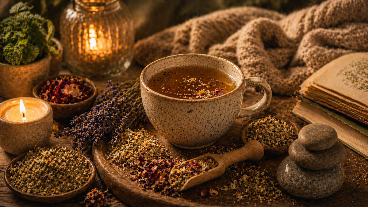 Tisane sommeil avec plantes naturelles, bougie et livre dans une ambiance chaleureuse du soir