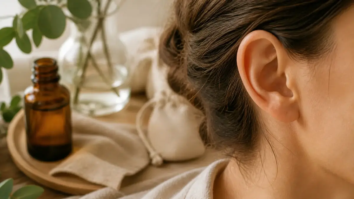 Gros plan sur une oreille dans une ambiance naturelle et douce avec flacon ambré, tissu beige et feuillage pour illustrer l’équilibre naturel de l’oreille