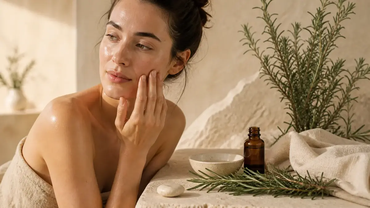 Femme appliquant un soin naturel au romarin sur peau mixte ou grasse avec imperfections dans une routine visage douce