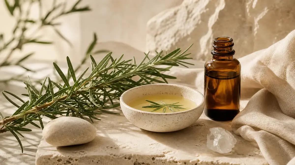 Romarin pour la peau avec flacon ambré et soin végétal naturel pour purifier et tonifier les peaux mixtes et grasses
