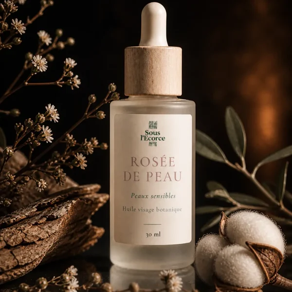 huile visage naturelle peau sensible botanique Rosée de Peau avec flacon givré, fleurs blanches et écorce végétale