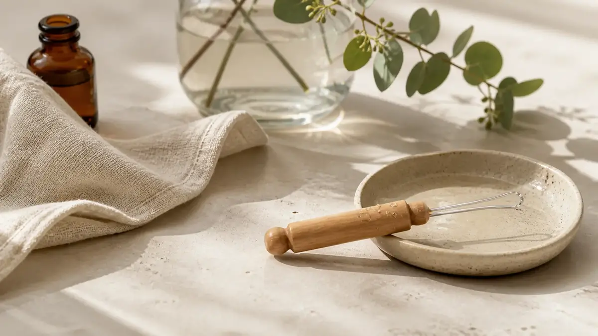 Cure oreille réutilisable posé sur une coupelle en céramique avec linge naturel, flacon ambré et végétaux pour illustrer une routine douce d’hygiène des oreilles