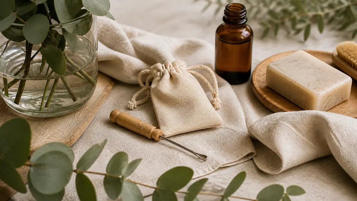 Cure oreille réutilisable avec pochette en tissu, savon naturel, flacon ambré et feuillage dans une salle de bain douce et durable