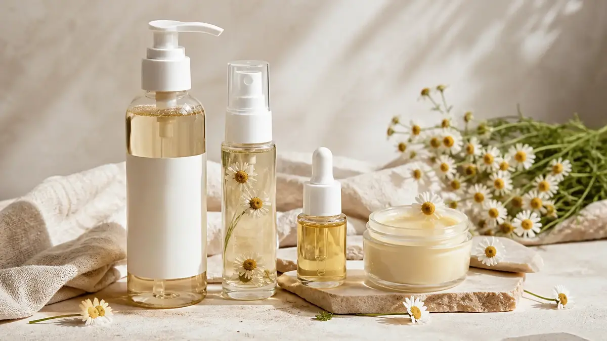 Routine naturelle avec la camomille avec nettoyage doux, soin léger, huile végétale et baume pour peau sensible