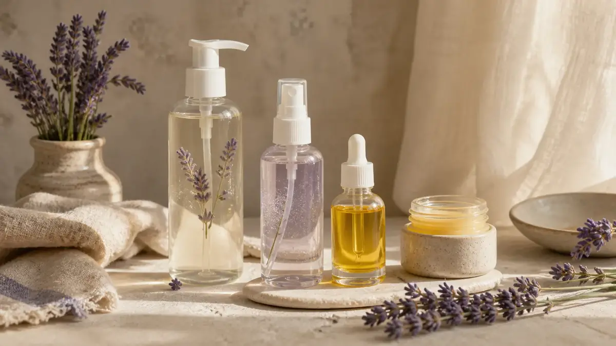 Routine naturelle avec la lavande avec nettoyage doux, hydrolat, soin léger et baume pour peau mixte ou sensible
