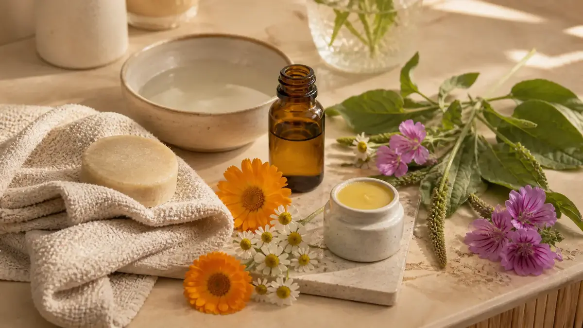 Routine naturelle pour peau sèche avec savon doux, huile végétale, baume aux plantes et fleurs apaisantes