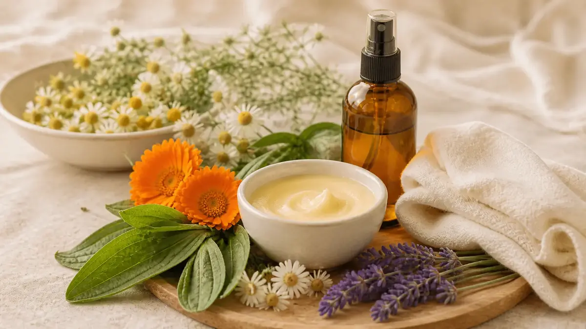 Routine naturelle pour peau sensible avec calendula, camomille, plantain, lavande, baume et huile de soin
