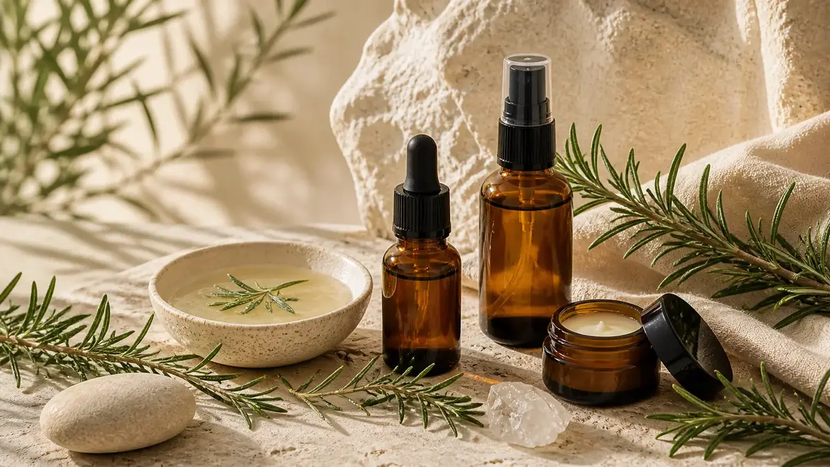 Routine naturelle au romarin avec nettoyage doux, hydrolat, soin léger et baume pour peau mixte ou grasse