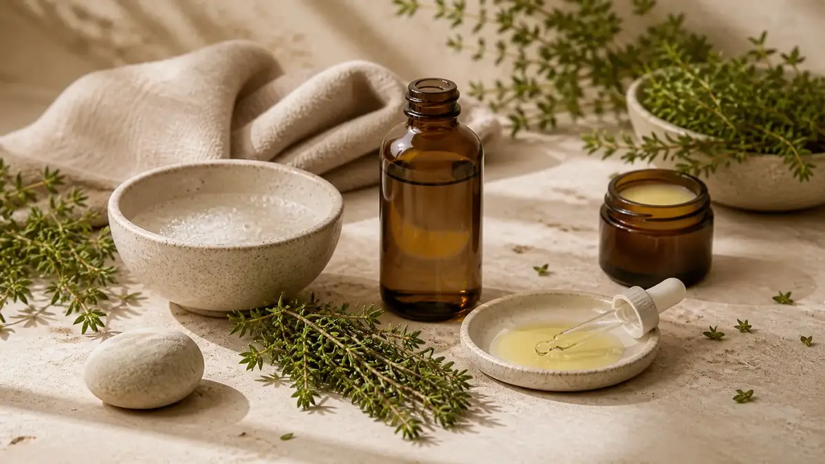 Routine naturelle avec le thym pour l’acné avec nettoyant doux, hydrolat, soin léger et baume végétal pour peau à imperfections