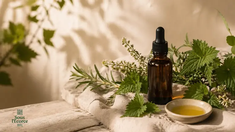 huile visage peau grasse routine naturelle avec plantes ortie romarin thym pour réguler le sébum