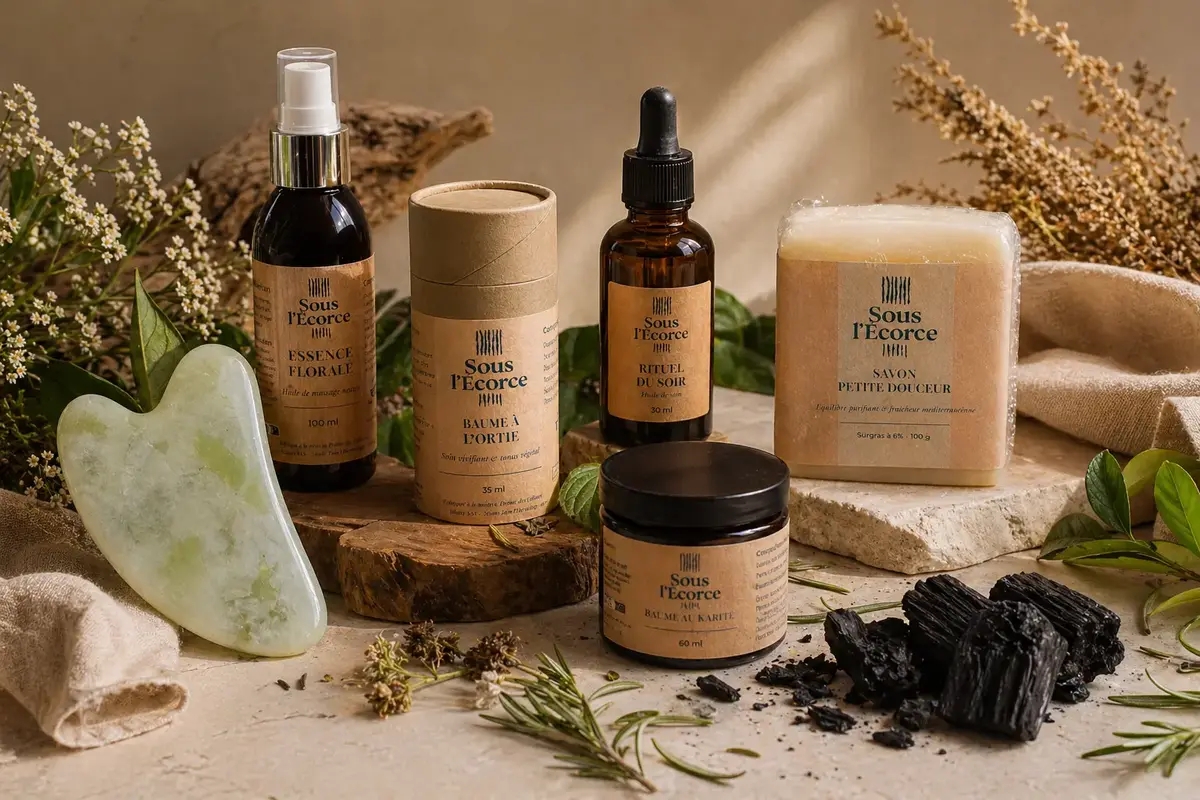 Routine de soins naturels avec huile végétale, baume à l’ortie, savon solide et accessoires en pierre dans un univers végétal