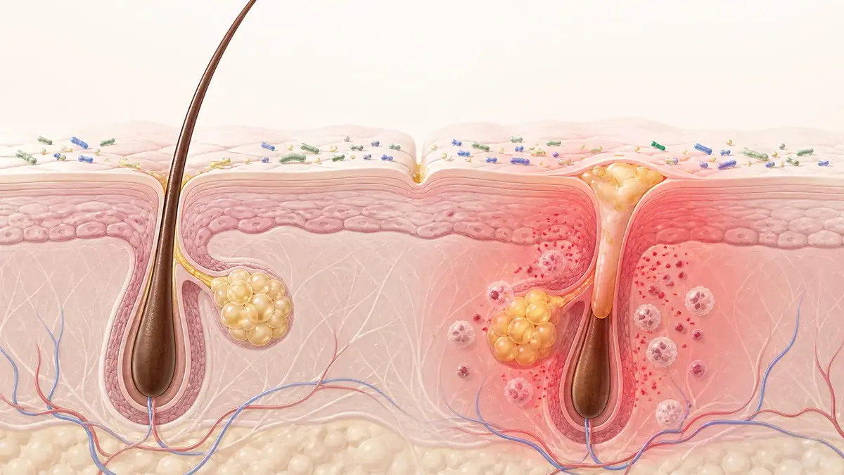 Schéma peau grasse montrant sébum microbiote pore obstrué follicule pilo-sébacé et inflammation cutanée