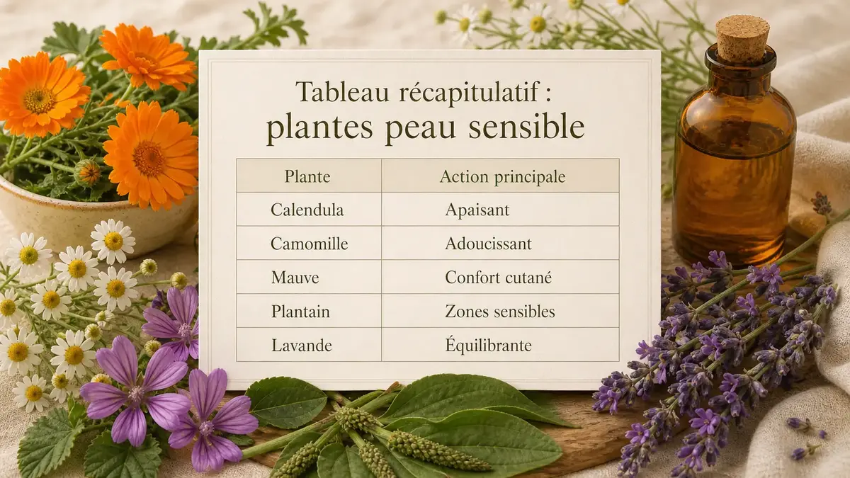 Plantes peau sensible : calendula apaisant, camomille adoucissante, mauve confort cutané, plantain zones sensibles et lavande équilibrante
